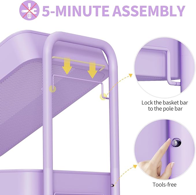 TOOLF 4-Tier Metal Rolling Cart with Wheels, Storage Utility Organizer Cart for Kitchen, Bathroom, Office, Baby Essentials & Makeup - Lockable Casters, Easy Assembly, Large Capacity, Purple