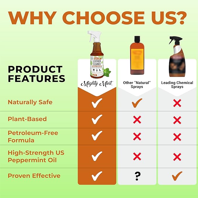 Mighty Mint Leather Cleaner and Conditioner, Plant-Based, Hydrating Spray to Clean and Protect Leather Items, Natural Peppermint Scent, 16oz