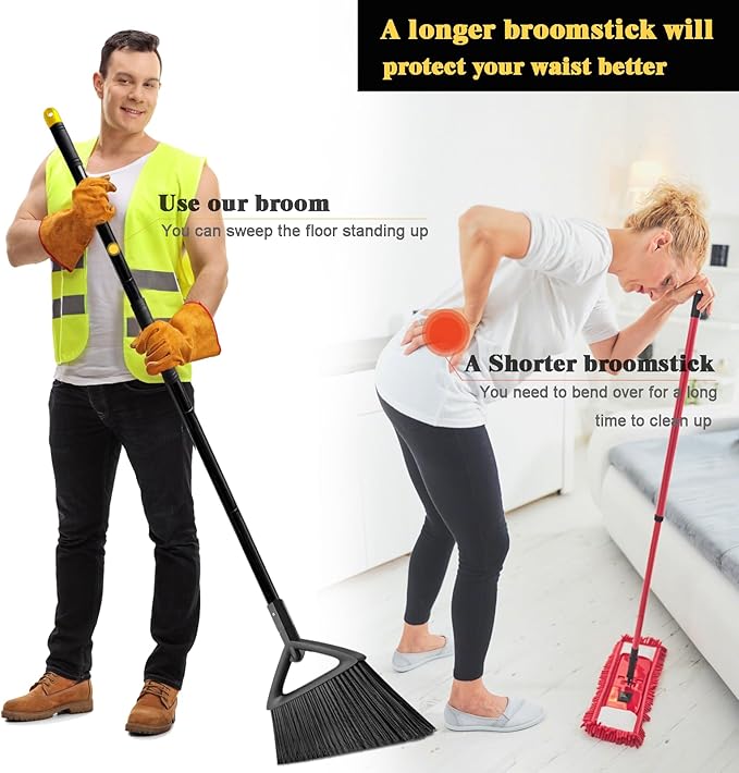Heavy Duty Broom Outdoor and Indoor, 2 Pack Commercial Angle Brooms with Longer Handle, Perfect Black Broom for Garage, Kitchen, Courtyard, Restaurant