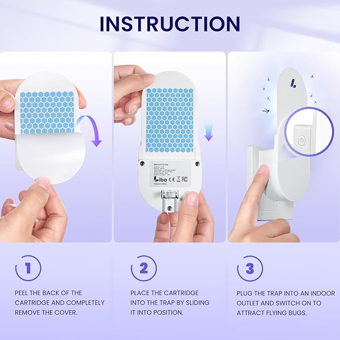 LiBa Fly Trap Indoor for Home, Plug-in Flying Insect Trap for Flies, Fruit Flies, Moths, Gnats, Mosquito Killer Insect Catcher Fly Tapper with 3 Refill Glue Cards for Home Office