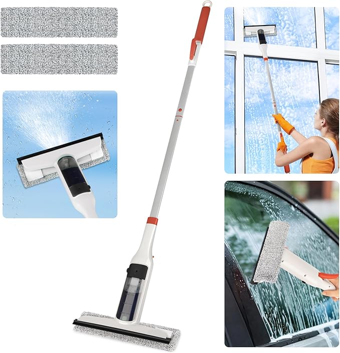 Spray Mop Window Cleaning Kit with Silicone Squeegee – Adjustable Aluminum Pole & Non-Slip Handle for Floors/Walls/Door/Windows/Cars/Bathroom, Detachable Tank & Washable Pads
