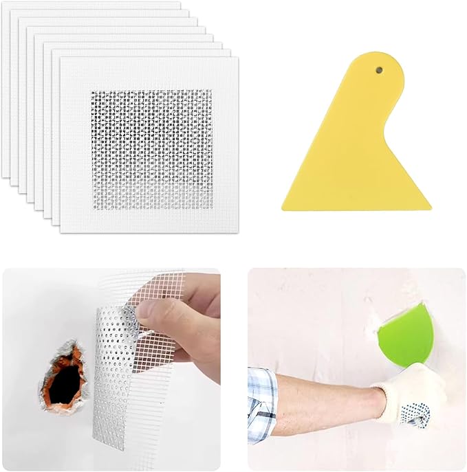 Drywall Repair Kit, 4Inch Drywall Patch Kit Self Adhesive Aluminum Plasterboard Wall Patches Quick Fix Plaster Wall with Scraper for Plaster Roof Drywall Crack Repair (9Pcs Kit)