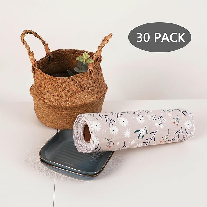 Reusable Dishcloths Kitchen Towels Cotton: 30 Packs 10X10 Washable Roll Paperless Paper Towels Absorbent Dishcloths Set Dish Tea Towel for Kitchen Drying (30Daisy, 10×10")