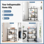 DUMOS 3 Tier Metal Shelving, Heavy Duty Shelves Wire Shelving Unit with Removable Wheel Casters, Shelves Organizer for Bathroom Garage Living Room Kitchen Pantry Laundry Black