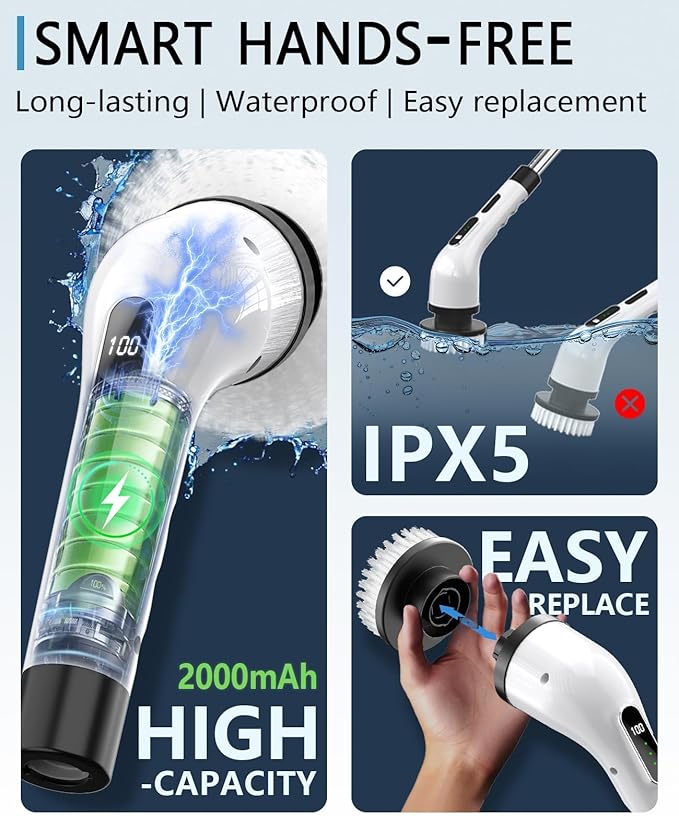 Electric Spin Scrubber Cordless - 3 Speed Rechargeable, Adjustable & Detachable Handle, 9 in 1 Brush Heads Power Scrub Brushes for Cleaning Supplies Shower Bathroom Tub Kitchen Tile Floor