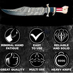 : CUSTOM HAND MADE DAMASCUS STEEL COLLECTIBLE GUTT KNIFE HANDLE MATERIAL BONE USA FLAG ACID ACHING (STAR)