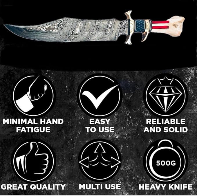 : CUSTOM HAND MADE DAMASCUS STEEL COLLECTIBLE GUTT KNIFE HANDLE MATERIAL BONE USA FLAG ACID ACHING (STAR)