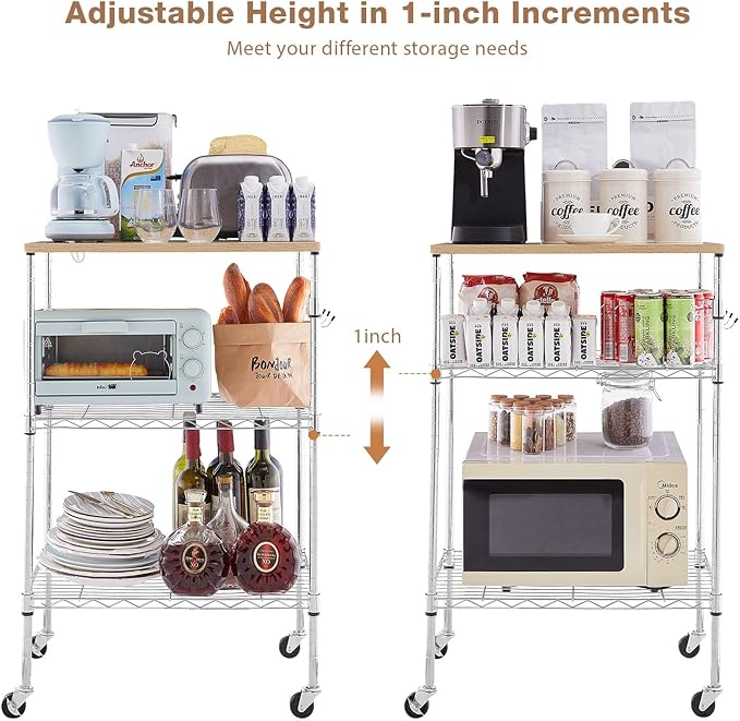 450Lbs Capacity Microwave Cart with Wheels, 3 Tier Rolling Cart with Adjustable Shelves, Multifunctional Metal Utility Storage Kitchen Carts on Wheels, 23.6" L*15.7" W*37" H, Wood+Chrome