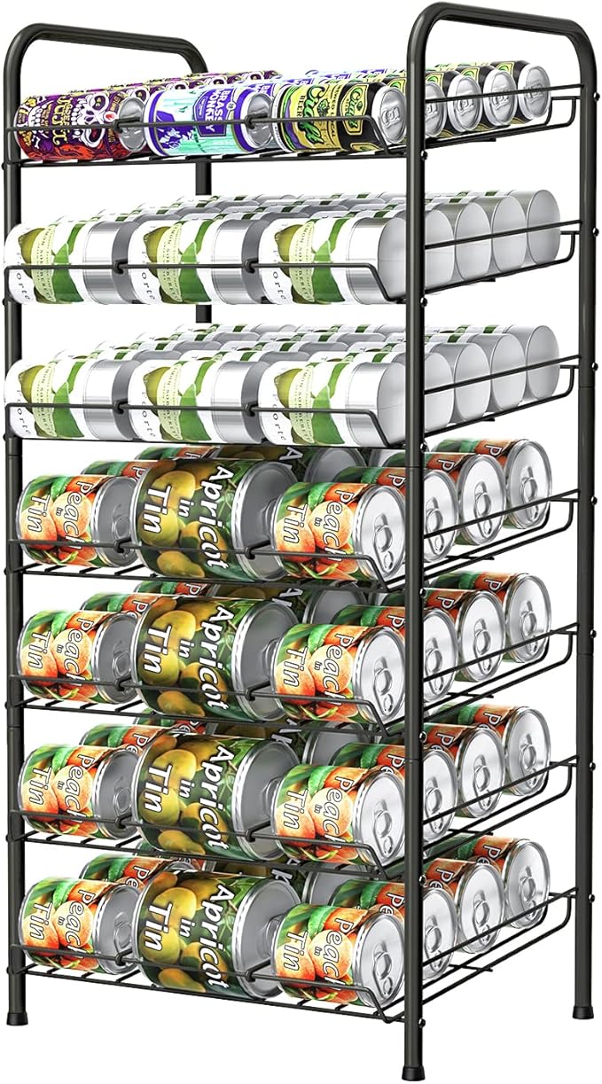 Vrisa Can Organizer for Pantry 7-tier Can Rack Organizer Metal Can Storage Dispenser Rack Holds up to 84 Cans for Canned Food Kitchen Cabinet or Pantry Shelf Black