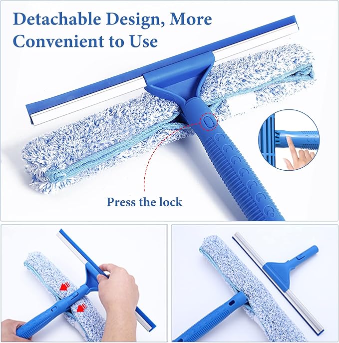 2 in 1 Window Cleaner Kit with Long Handle and Microfiber Scrubber for Glass, Car, Home Floor