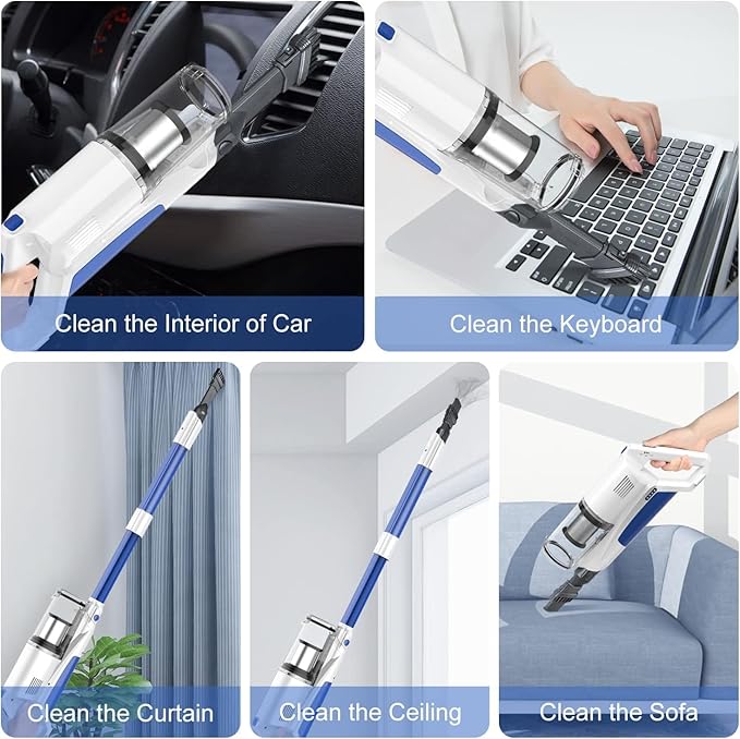 Whall Cordless Vacuum Cleaner, Lightweight Stick Vacuum with 55mins Runtime, Powerful Suction, Rechargeable Cordless Vacuum for Carpet, Tile, Pet Hair, Hardwood Floors,Brushless Motor.White