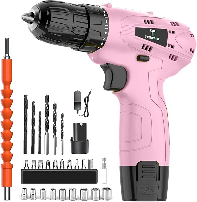 Tegatok Cordless Drill Set,12V Power Drill Set with Battery and Charger, Electric Driver Drills Bits, 3/8'' Keyless Chuck,18+1 Torque Setting with LED Electric Drills Set, Pink