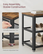 VASAGLE, 3-Tier Shoe Rack, Shelf Storage Bench with Metal Mesh Shelves and Seat, Free Standing Shoe Organizer for Entryway, 11.8 x 28.7 x 17.7 Inches, Rustic Brown and Black ULBS73X
