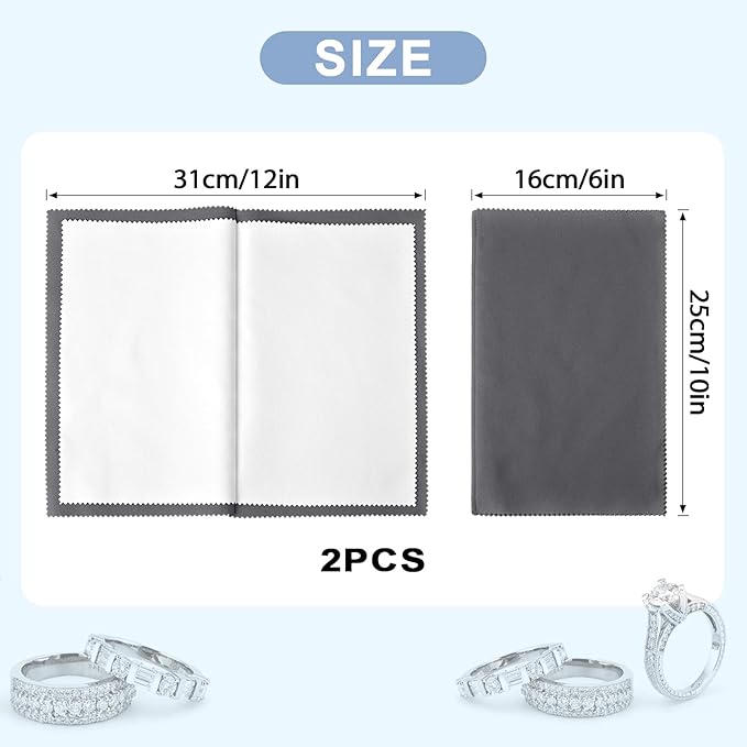 SEVENWELL 2pcs Jewelry Polishing Cleaning Cloth Large 10'' x 12'' for Sterling Silver Jewelry Gold, Diamond, Platinum, Precious Stones, Coins (Gray)
