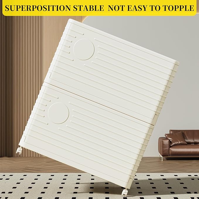 Plastic folding Storage Bins with Lids,Stackable Storage Bins for Clothes,Storage Container,Room Organizer, for Living Room,Bedroom,Office, Kitchen,Bathroom,cream white,2pack