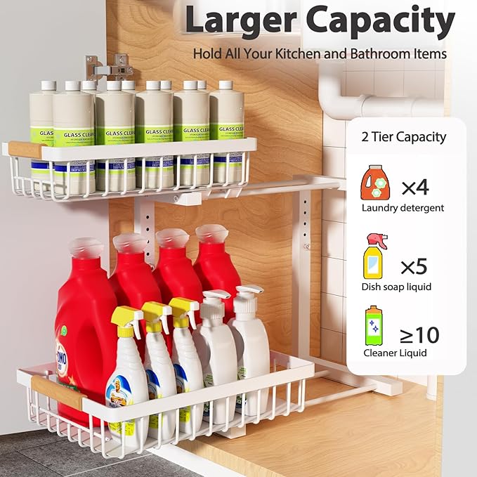 Under Sink Organizer Storage 1 pack, 2 Tier Slide Out Height Adjustable Pull Out Cabinet Organizer Drawers, Kitchen Bathroom Large Capacity Metal Under Sink Rack Caddy Basket Shelves, White