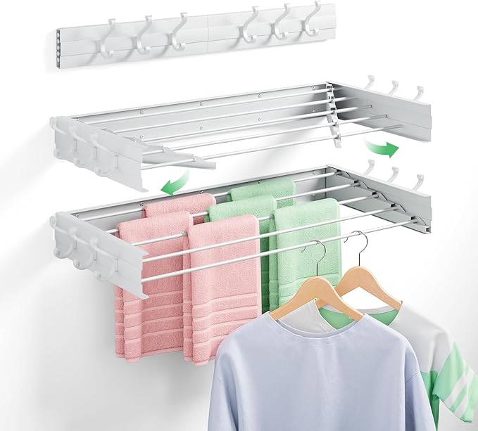 Wall Mounted Drying Rack 40", Foldable Laundry Clothes Drying Rack with 6 Towel Hooks and 5 Rods for Hanging Clothes, Space Saving for Indoor Outdoor Bathroom Balcony Laundry Room(40")
