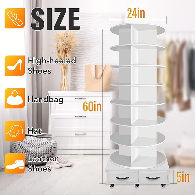 8 Tier Rotating Shoe Rack Tower contains 2 drawers, Spinning Shoe Rack Display Lazy Susan, Revolving 360 Shoe Racks Storage Round Carousel, Equipped with 5 Universal Wheels with Brake Function