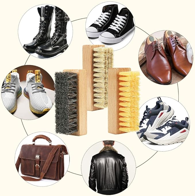 Shoe Cleaning Brush Set with Nylon, Boar and Horsehair Bristles, Wooden Sneaker Cleaner Brush for Leather, Suede, Canvas, Textile, Bags and Accessories - 3 Pack