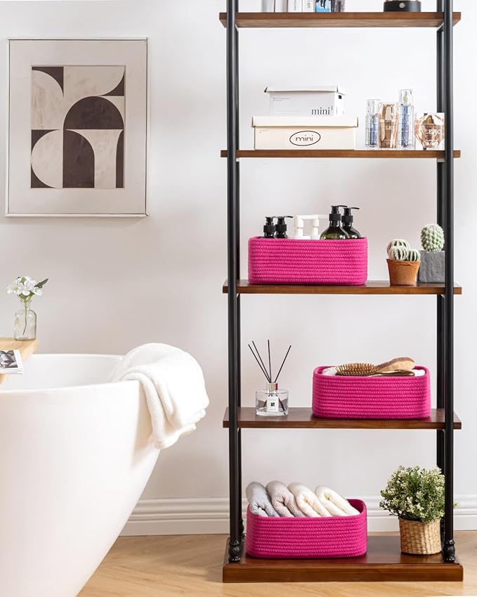 Small Woven Basket, 12 x 8 x 4.5 Inches, Storage Basket for Organizing, Cute Small Rope Shelf Closet Cube Storage Bins Baskets for Shelves, Dog Toy Gift Baskets Empty, 3 Packs, Hot Pink