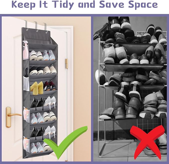 Over the Door Shoe Organizer Hanging with 8 Mesh Pockets 8 Wire Large Deep Pockets, 50lbs Weight Capacity Fits 16 Pairs Shoes Door Shoe Rack Store for Closet and Narrow Door 1 Pack