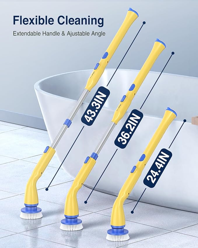 LABIGO Electric Spin Scrubber LA1 Pro, Cordless Spin Scrubber with 7 Replaceable Brush Heads and Adjustable Extension Handle, Power Cleaning Brush for Bathroom Floor Tile Yellow