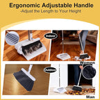 Heavy Duty Broom and Standing Dustpan Combo Set, Rotatable Head Dust Pan and Brush Set with Collapsible Handle, Cleaning Teeth, Hanging Loop, Ideal for Pets, RV, Kitchen, Camping, Outdoor Floor, White
