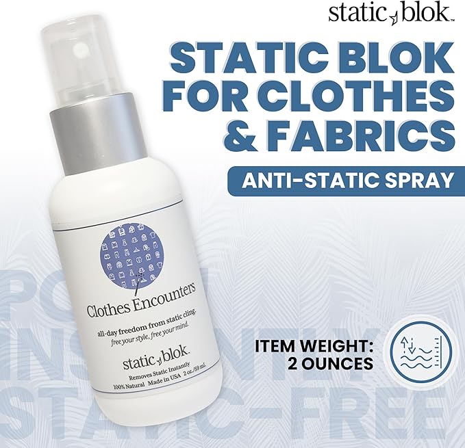 Anti-Static Spray for Clothes - Instantly Eliminate Static Cling, Flyaways, and Shocks from Clothes, Fabrics, Linens, Blankets & Rugs- All-Natural Formula - Lasts All Day- 2oz Travel Size