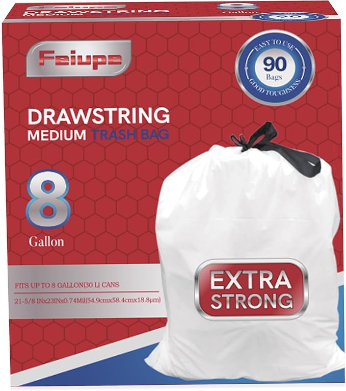 8 Gallon Drawstring Trash Bag Garbage Bag Trash Can Liner,90 Counts,0.74 Mil