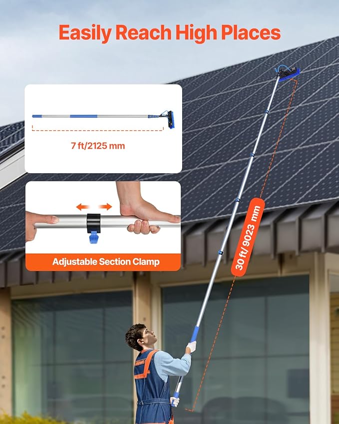 VEVOR Water Fed Pole Kit, 30FT Solar Panel Cleaning Pole with Extendable Handle, 180° Rotatable Brush Head & 65.6FT Hose, Household & Outdoor Window Cleaner Tool for Caravan Solar Panel Deck