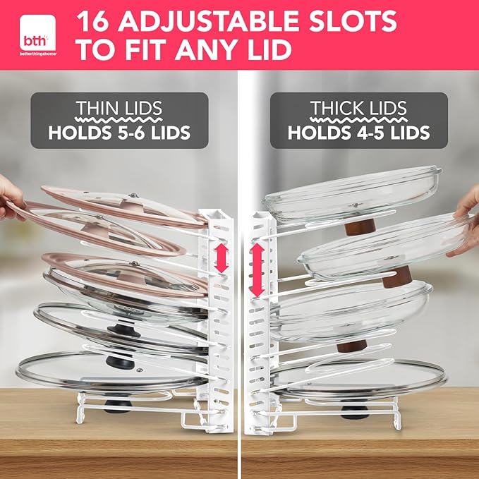 BTH Adjustable Pot Lid Organizer for Cabinet - Kitchen Storage Rack 6 Adjustable Shelves, Pot Lid Holder, Pan and Pot Rack Organizer, Pantry & Inside Cabinet Organizer (13” Clearance)