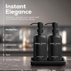 Black Glass Hand and Dish Soap Dispenser Set by Brighter Barns - Kitchen Soap Dispenser Set with Tray for Home, Airbnb, Vacation Rental, Gift - Minimalist Home Decor, Modern Kitchen Decor (Black)