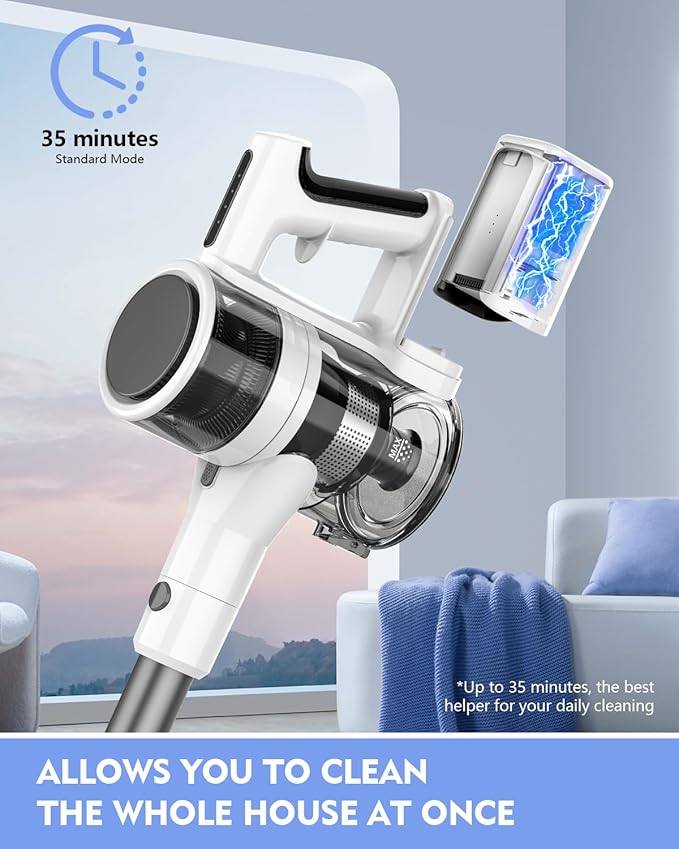 Cordless Vacuums, 80,000PRM Powerful Motor Vacuum Cleaner and 2200mAH Rechargeable Battery up to 35 Mins Worktime, 2 Adjustable Modes, Detachable Parts, Wireless Stick Vacuum (True White)