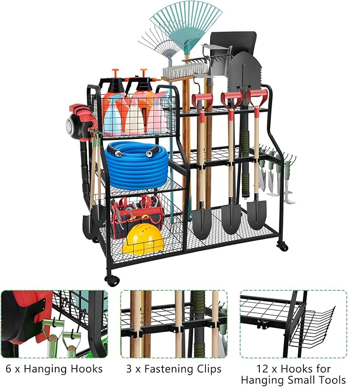Garden Tool Organizer for Garage, 3 Tier Yard Tool Organizer and Storage Holder with Wheels, Utility Garden Tool Rack with Storage Basket for Garden, Yard, Shed, Garage, Basement