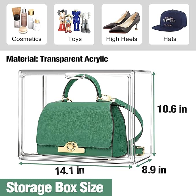 5 Pack X-Large Acrylic Shoe Box Size 14, Clear Sneaker Shoe Display Case Transparent Stackable Storage Box Purse Handbag Organizer, Figure Collectibles Showcase, Fit Underbed, Closet, Bathroom