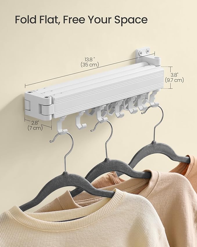 SONGMICS Clothes Drying Rack, Wall-Mounted Laundry Drying Rack, Extendable, Foldable Arms, with 21 Swivel Sliding Hooks, Space-Saving, for Laundry Room, Bathroom, Cloud White ULLR807W01