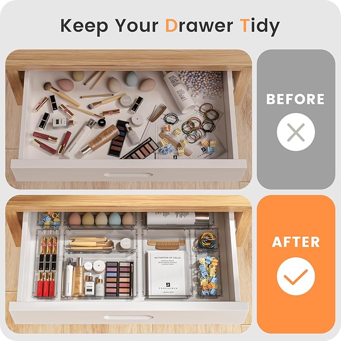【Crystal Design】A-LUGEI Clear Drawer Organizer,【Military Grade】Acrylic Makeup Organizer, Bathroom Organizers and Storage, Organization and Storage, Organizer Bins for Office Vanity Kitchen Tool Trays