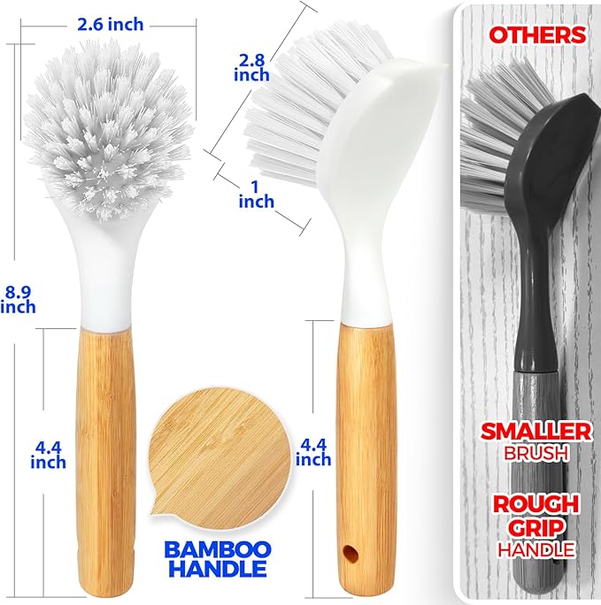Holikme 3 Pack Dish Brush Set with Bamboo Handle, Kitchen Cleaner for Cleaning Pasta Plate, Salad Bowl, Scrubber with Soft Bristles, Blanco
