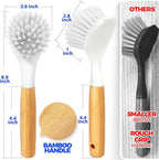 Holikme 3 Pack Dish Brush Set with Bamboo Handle, Kitchen Cleaner for Cleaning Pasta Plate, Salad Bowl, Scrubber with Soft Bristles, Blanco