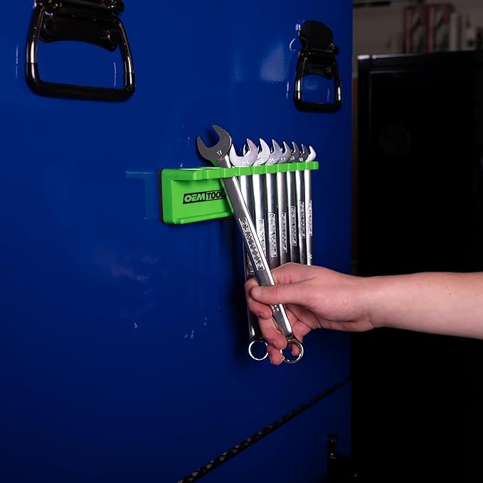 OEMTOOLS 22512 Magnetic Wrench Holder and Tool Organizer, Magnet Holds Up To 10 Wrenches To Most Metal Surfaces, SAE and Metric, 9.25 Inch Magnetic Tool Holder For Shop Or Garage, Green