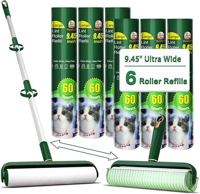 Large Lint Rollers for Pet Hair, Floor Lint Roller with 9.45 in Giant Lint Roller Refill 360 Sheets Total, Extendable Handle Sticky Rollers for Floor, Carpet, Furniture, Clothing & Couch (Green)