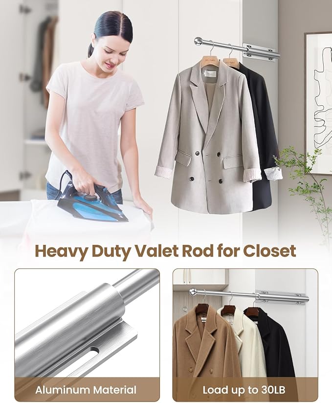 Supforce 16.5" Valet Rod for Closet Pull Out, Retractable Slide Out Valet Rod Closet Organization, Aluminum Valet Clothing Hanger Rods Perfect for Suits, Freshly Pressed Clothes, Polished Chrome