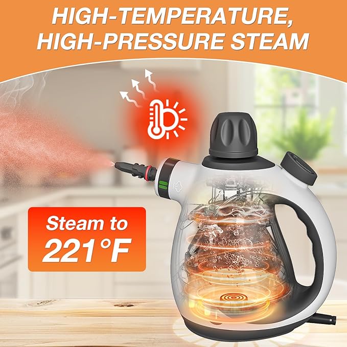Handheld Steam Cleaner, Pressurized Multi-Purpose Natural Steamer with 12 pcs Accessories, Steamer for Cleaning Car, Bathroom Counter Top, Shower, Upholstery, Couch, Tile Grout, Window, Grease