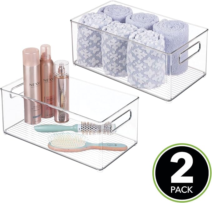 mDesign Deep Plastic Storage Organizer Container Bin, Bath and Shower Organization for Cabinet, Cupboard, Shelves, Counter, or Closet - Holds Shampoo, Vitamins, Ligne Collection, 2 Pack, Clear
