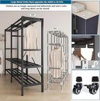 Heavy Duty Covered Clothes Rack with Magnetic Door Foldable Portable Wardrobe Closet for Hanging Clothing Rolling Black Metal Garment Rack on Wheels Closet System (Navy Blue, 74.7in)