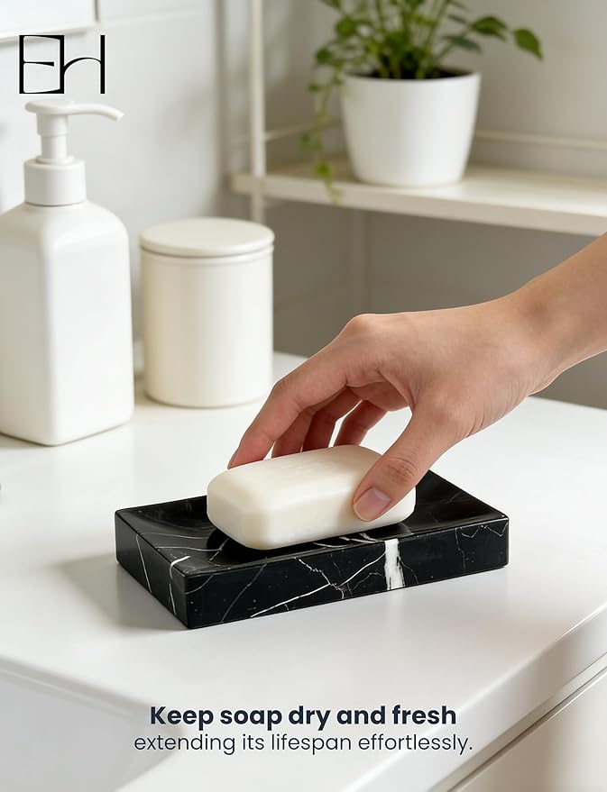 Natural Marble Soap Dish for Shower with Silicone Non-Slip Feet, Stone Drying Tray, Bar Soap Saver, Holder Container for Bathroom Decor Accessories(Black Marquina, Rectangular)
