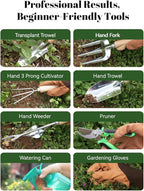 VerdantVibes 9-Piece Garden Tool Set - Heavy Duty Gardening Hand Tools with Ergonomic Non-Slip Grips, Rust-Resistant Shovel, Trowel, Rake, Pruner & Storage Bag - Ideal Gardening Gifts for Women