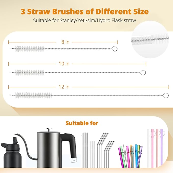OUTXE 5 Pack Bottle Brush Set, 5-in-1 Multifunctional Water Bottle Cleaning Brush 2 Pack, with Nipple Brush, Detail Brush for Cup Lid Gap, 12" 10" 8" Straw Brush for Stanley Yeti
