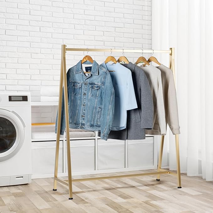 MyGift A-Frame Clothing Rack, 47 Inch Modern Heavy Duty Gold Metal Wardrobe Clothes Rack, Commercial Grade Freestanding Garment Hanger for Bedroom Closet or Retail Display