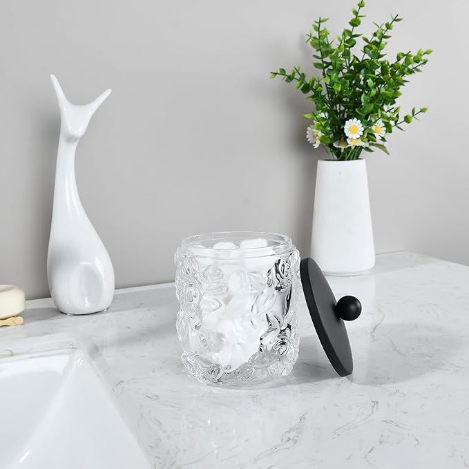 Clear Transparent Apothecary Floral Embossed Glass Jar With Matte Black Metal Lid Cover for Bathroom Organization, Cotton Balls, Q Tips, and Small Accessories, Bathroom Storage